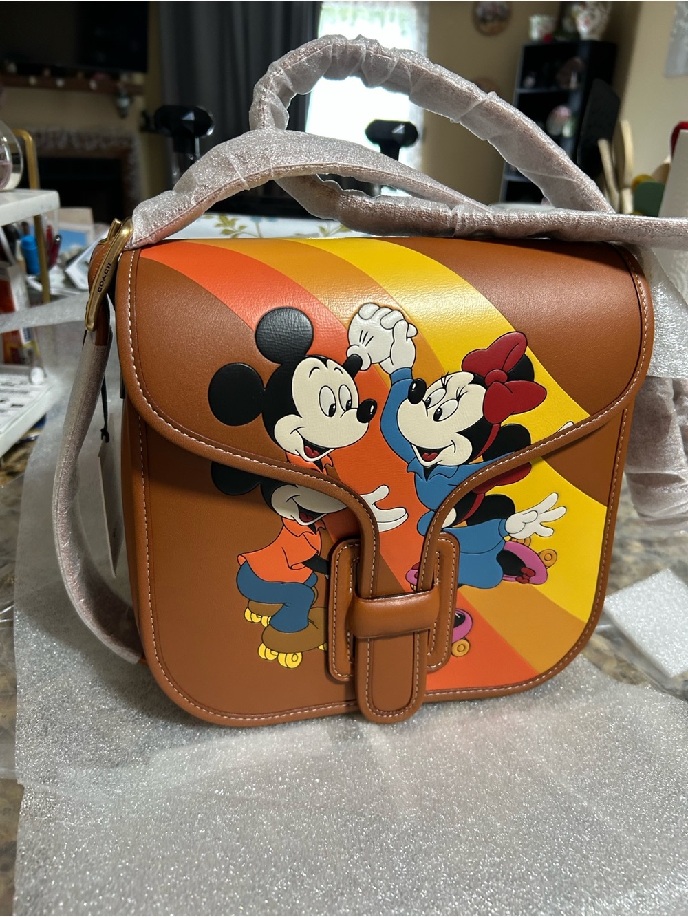 Coach Brown Leather Crossbody with Mickey & Minnie Rainbow Motif - Picture 9 of 12
